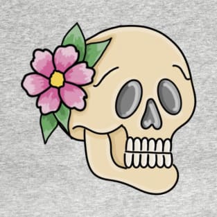 Feminine Floral Skull with Blue Background T-Shirt